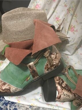 Green Mixed-Material Lace-Up Heeled Ankle Boots by